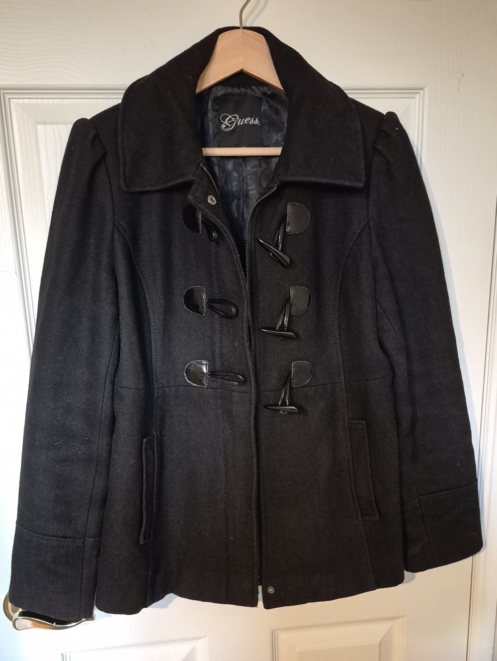 GUESS Black Wool Blend Toggle Button Pea Coat Jacket Medium